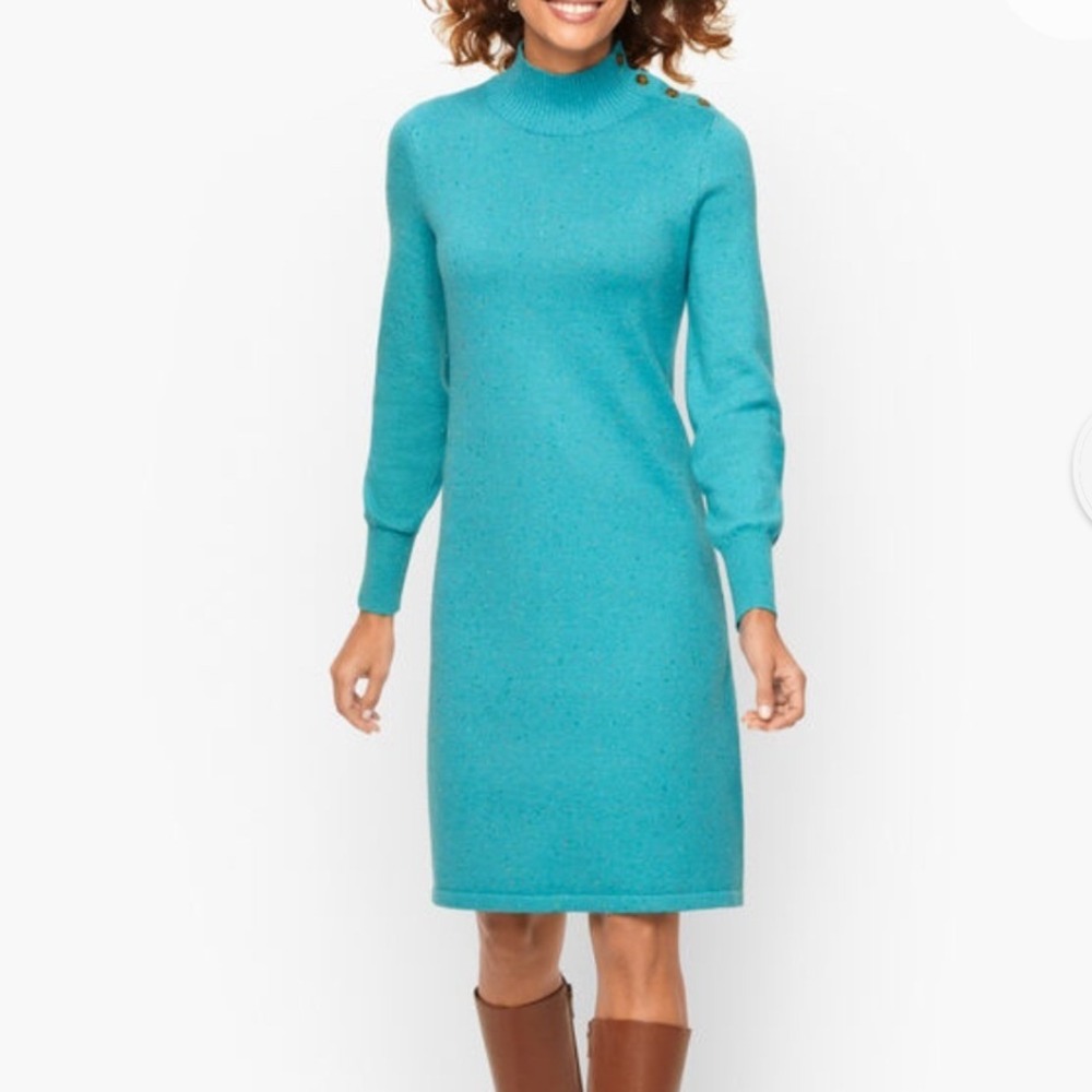 Talbots Blue Turquoise Tweed Shaker Stitch Mock neck sweater Dress S